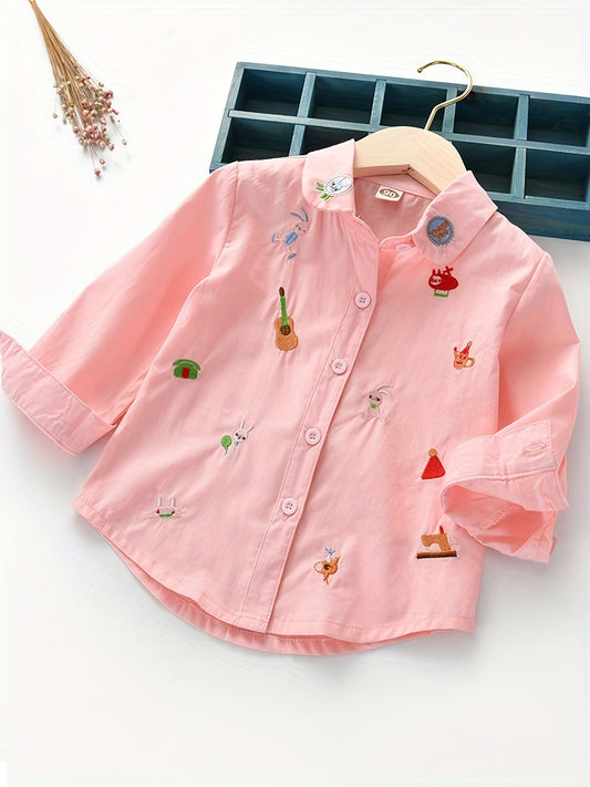 Girl s Cartoon Embroidered Collared Shirt Top For Autumn Outfit
