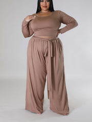 Plus Solid Long Sleeve Round Neck Crop Top & Belted Wide Leg Pants Outfit Set