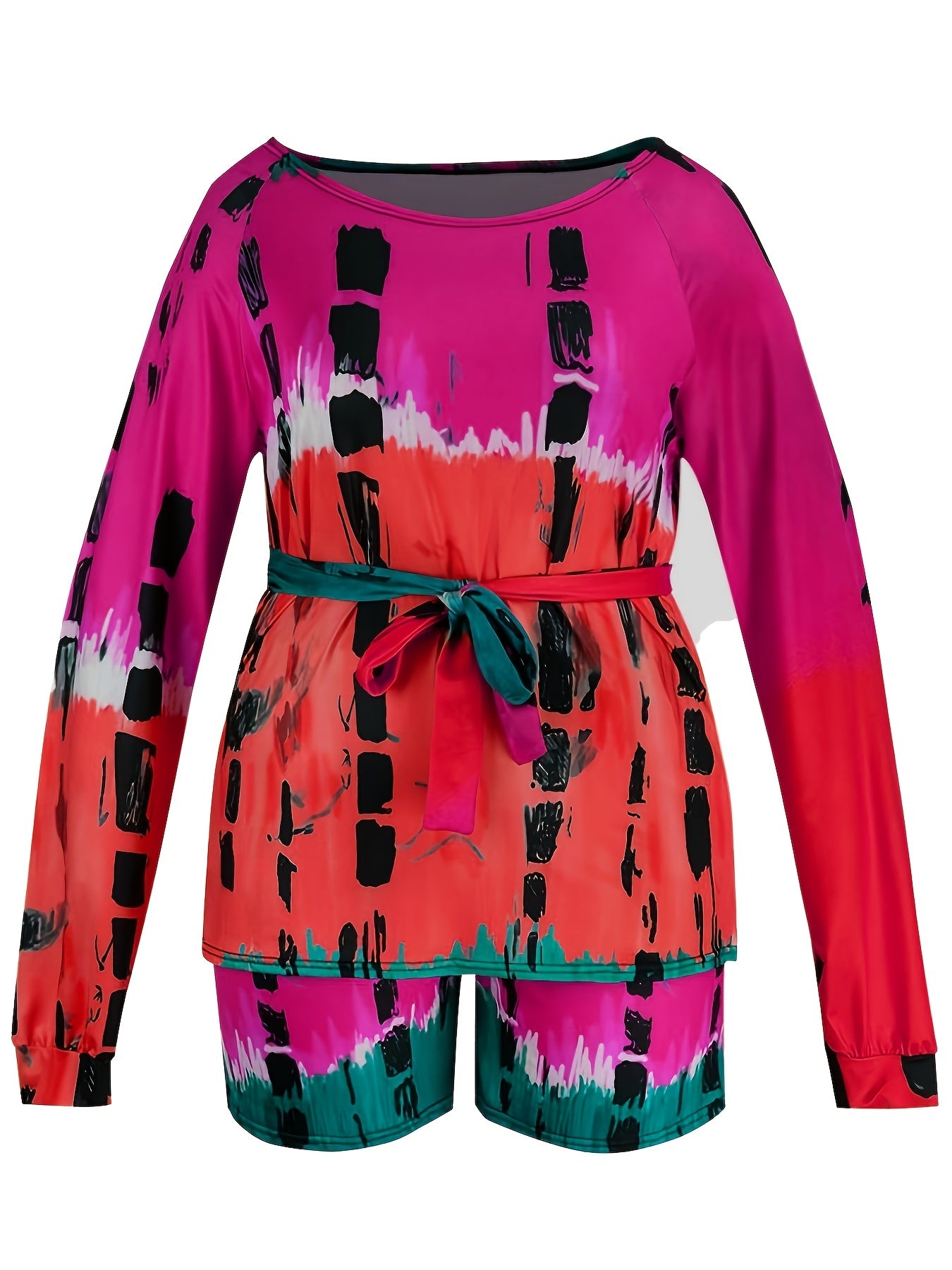  Tie Dye One Shoulder Top & Shorts Set With Belt
