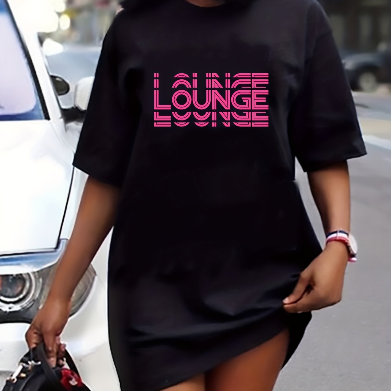 Women's Plus Size Art Letter Print Round Neck Tee Dress