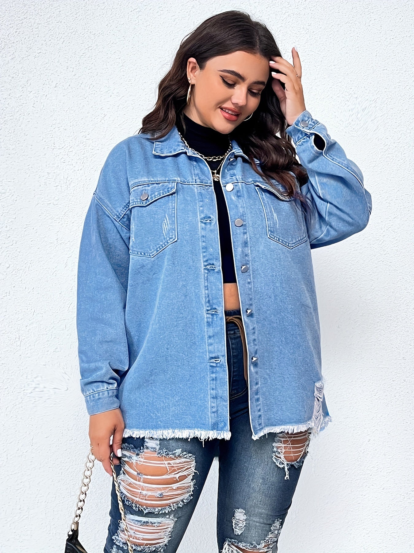  Casual Denim Top Women's Plus Solid Button Up Long Sleeve