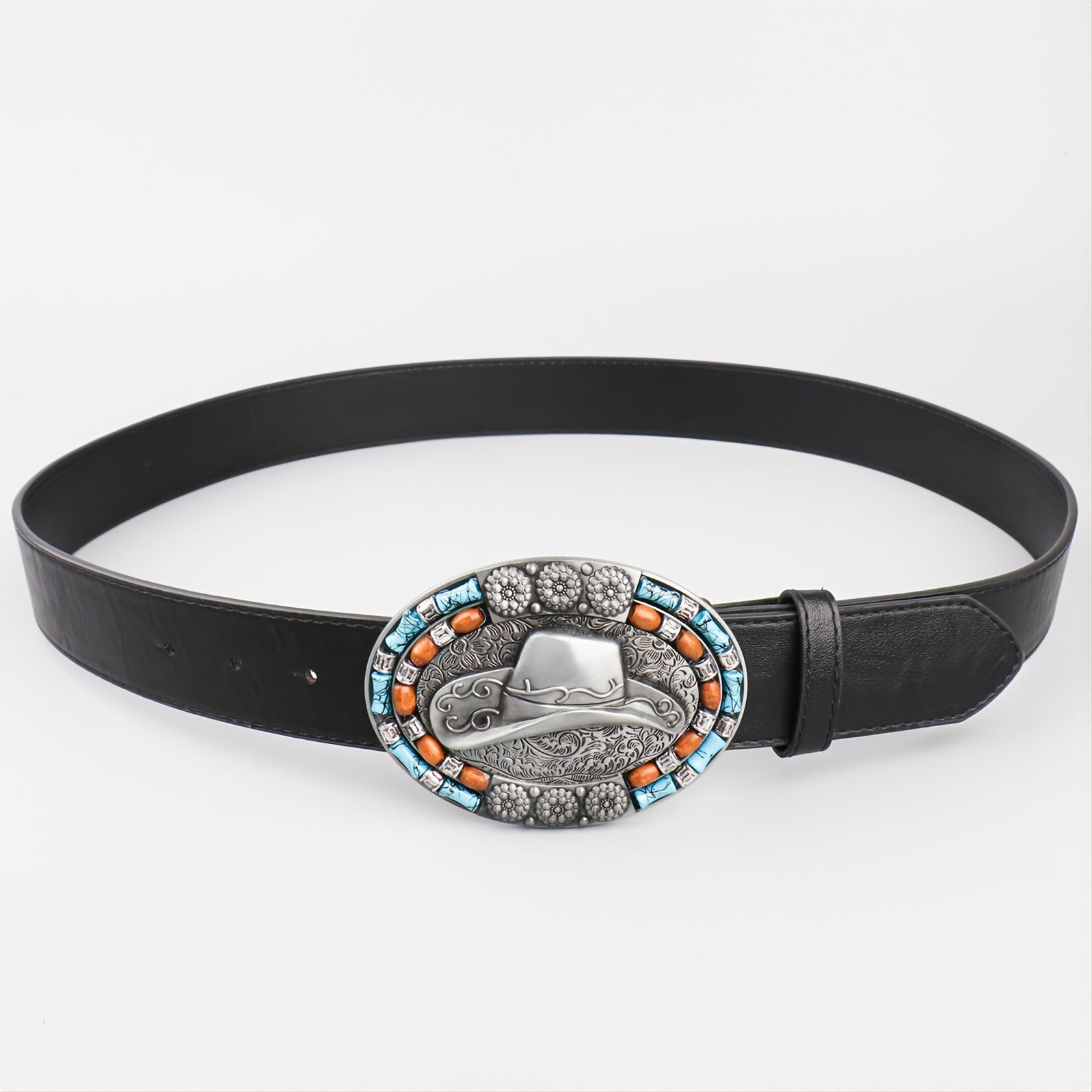 Men's Vintage Leather Cowboy Hat with Beads Oval Buckle Belt
