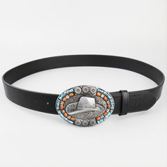 Men's Vintage Leather Cowboy Hat with Beads Oval Buckle Belt