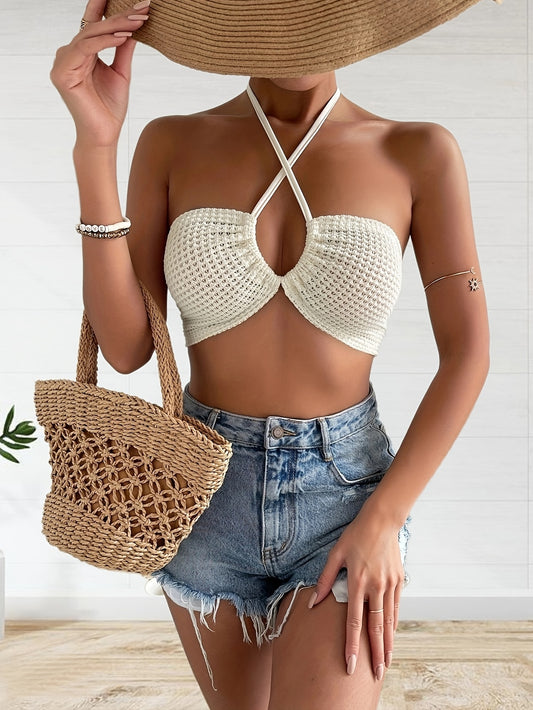 Cross Front Halter Crop Top Tie Back Summer Sleeveless