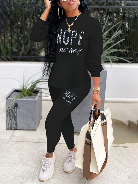  Camo Slogan Print Top & Leggings Set