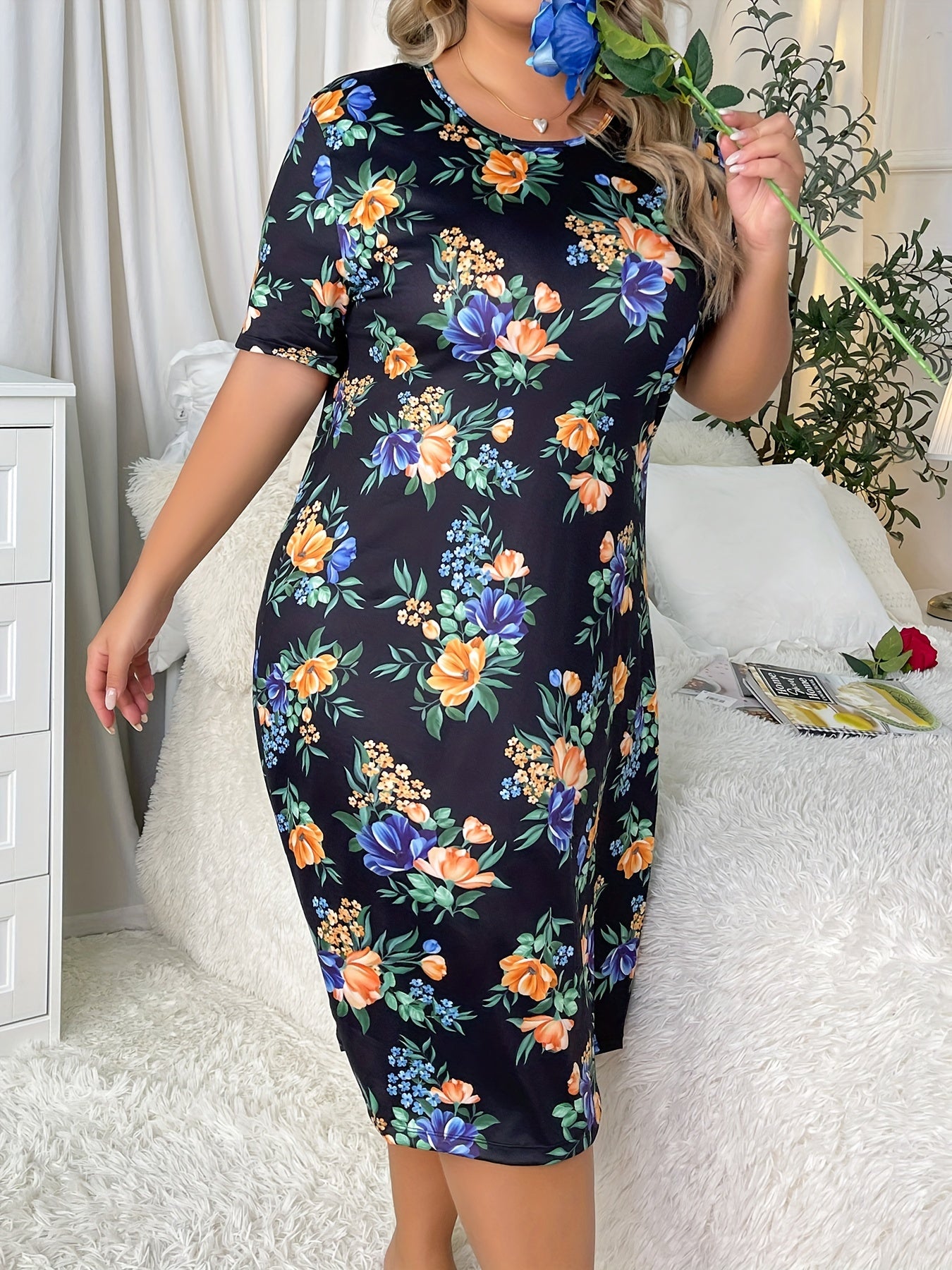  Nightdress Women's Floral Print High Stretch Sleep Dress