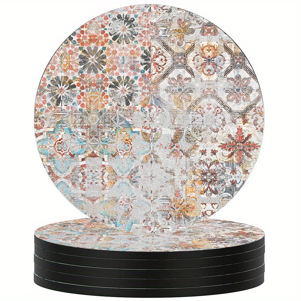Boho Persian Drink Coasters Set of 6, Absorbent Rubber with Non Slip Backing