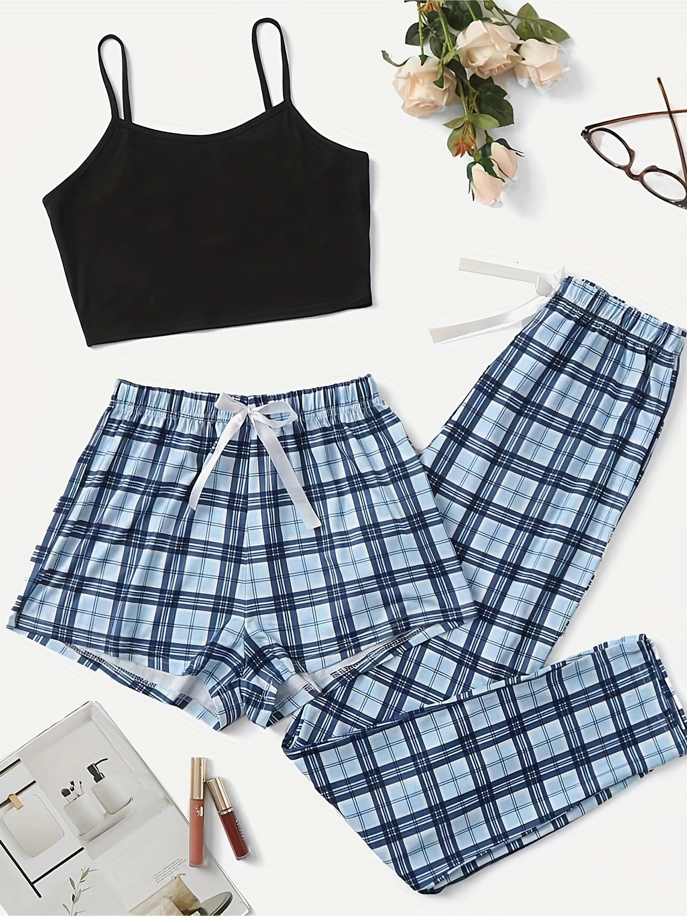Plaid Print Pajama Set Cami Top & Bow Shorts Women's Sleepwear