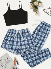 Plaid Print Pajama Set Cami Top & Bow Shorts Women's Sleepwear