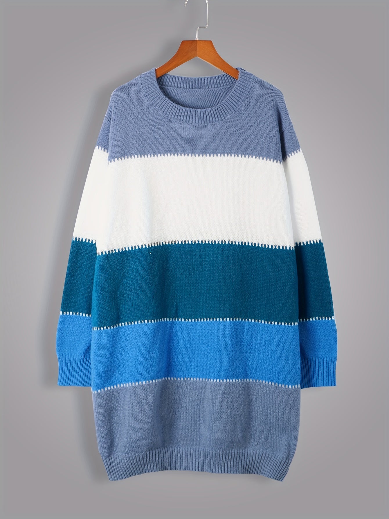  Striped Long Sleeve Crew Neck Sweater Dress