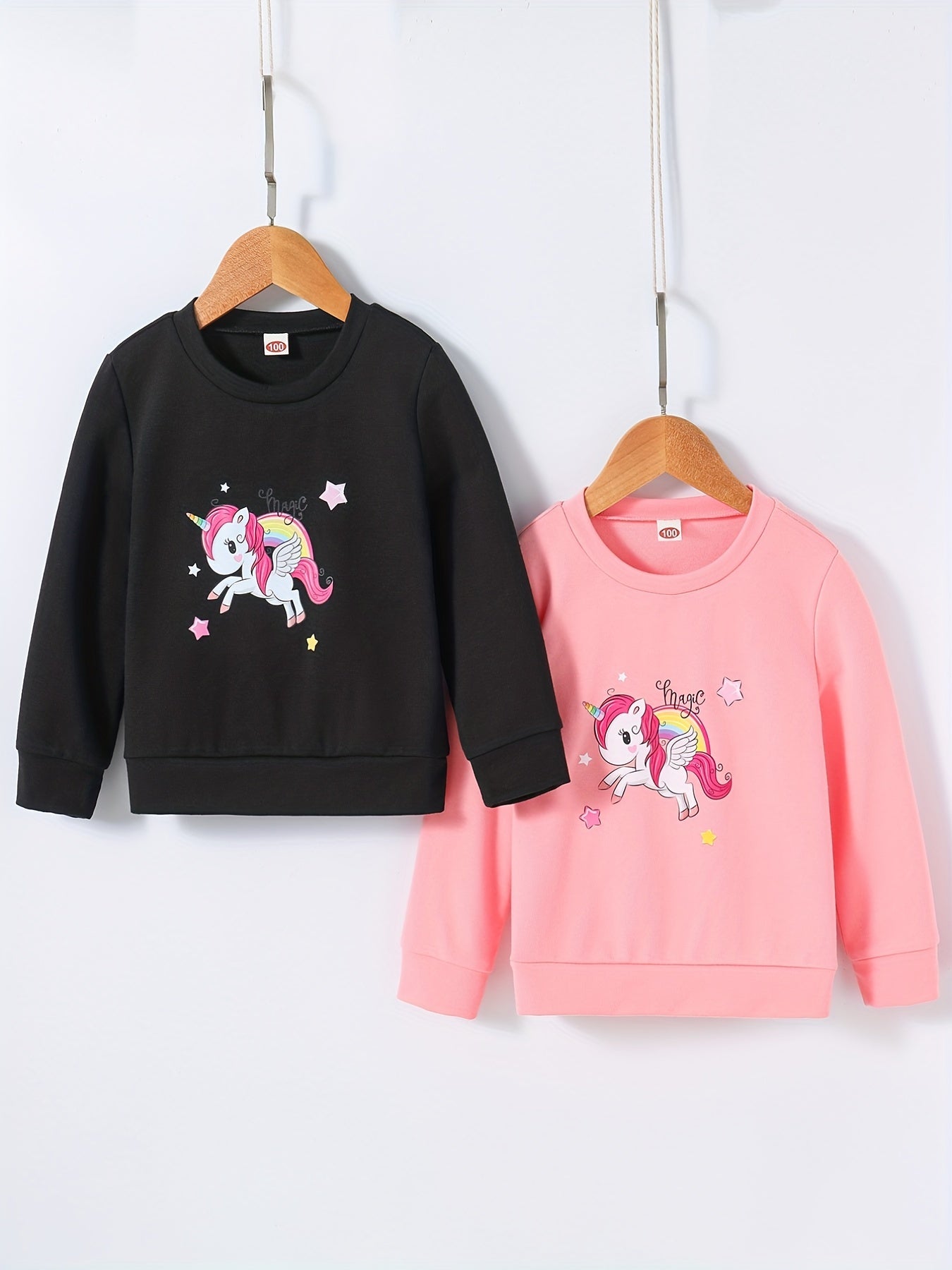 2pcs Girls Unicorn Print Crew Neck Sweatshirts Pullovers Set