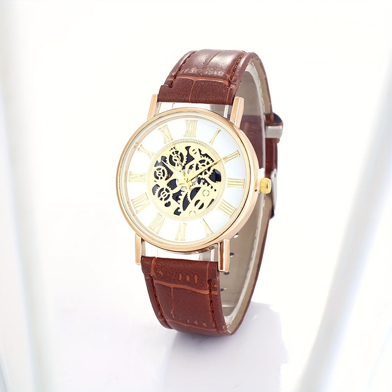 Leisure Couple Watch Roman Hollow Mechanical Quartz Leather Strap