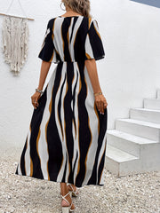 Wavy Stripe Print Dress V Neck Half Sleeve High Waist Dress