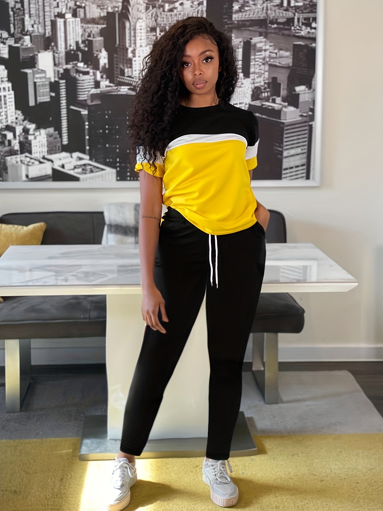 Casual Matching Two-piece Set Block Short Sleeve T-shirt & Striped Pants