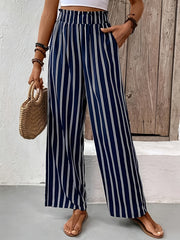 Stripe Ruffle High Rise Wide Leg Trousers