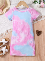 Girls Tie Dye Stretch Dress Short Sleeve Kids Summer Clothes
