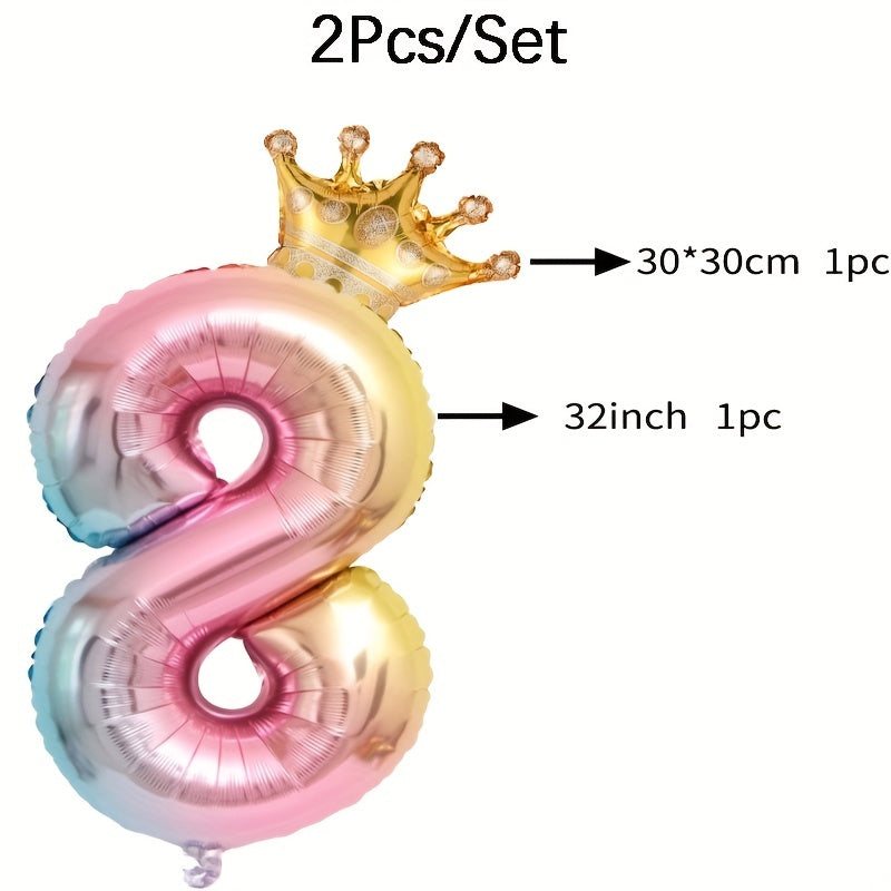 2pcs 32in Foil Gradient Number Balloons + Crown Balloon Set - Party Decor