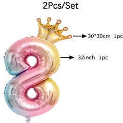 2pcs 32in Foil Gradient Number Balloons + Crown Balloon Set - Party Decor