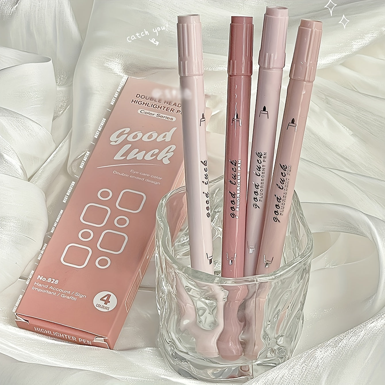 4pcs Pink Double Headed Highlighter Pens Water Based Quick Dry For School Office