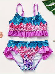 Girls Swimsuit Stylish Fish Scale Print 3-12 Years Split Shorts & Top