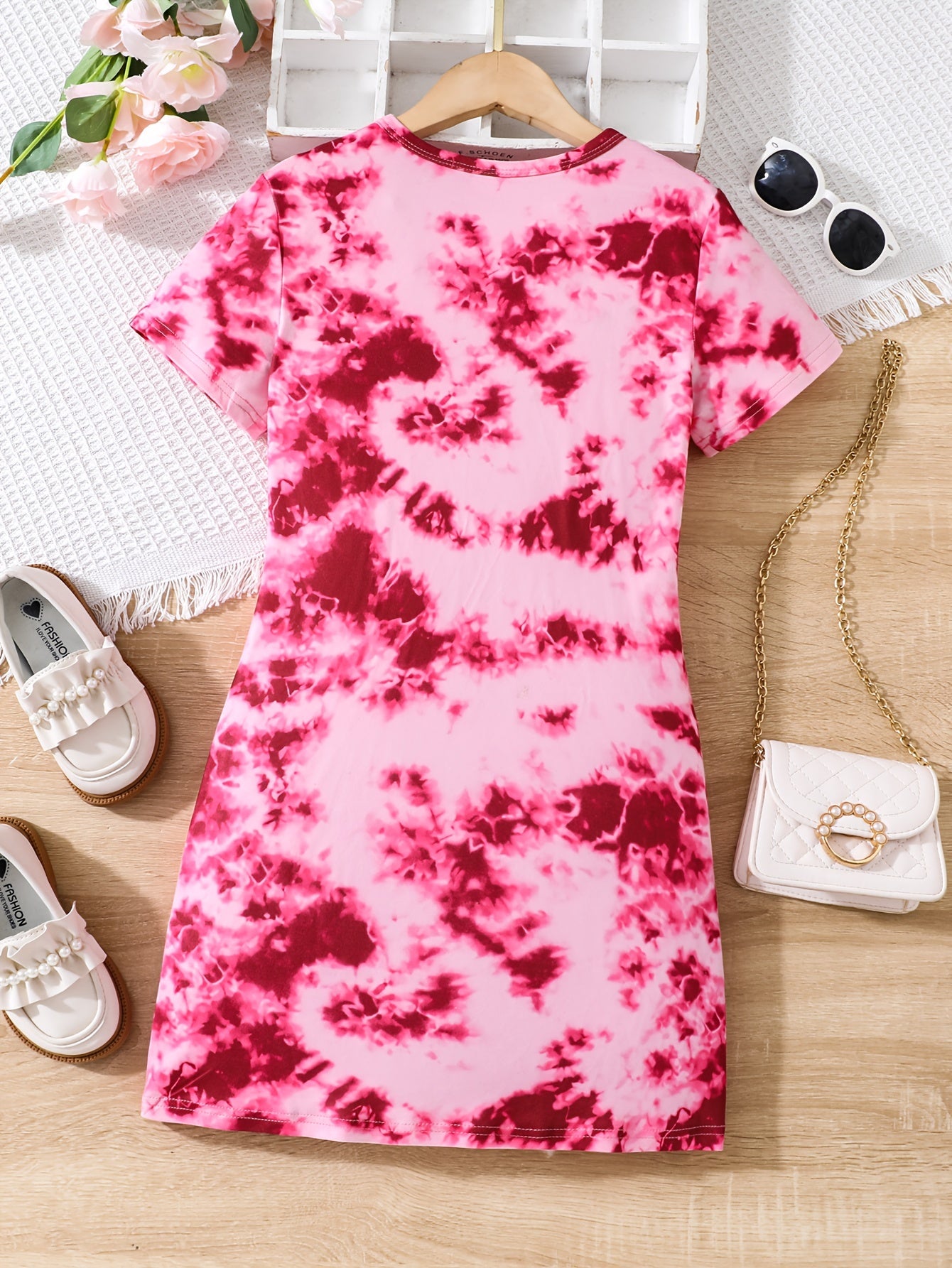 Girls Tie Dye Short Sleeve T Shirt Dress Loose Fit Comfortable Random Print