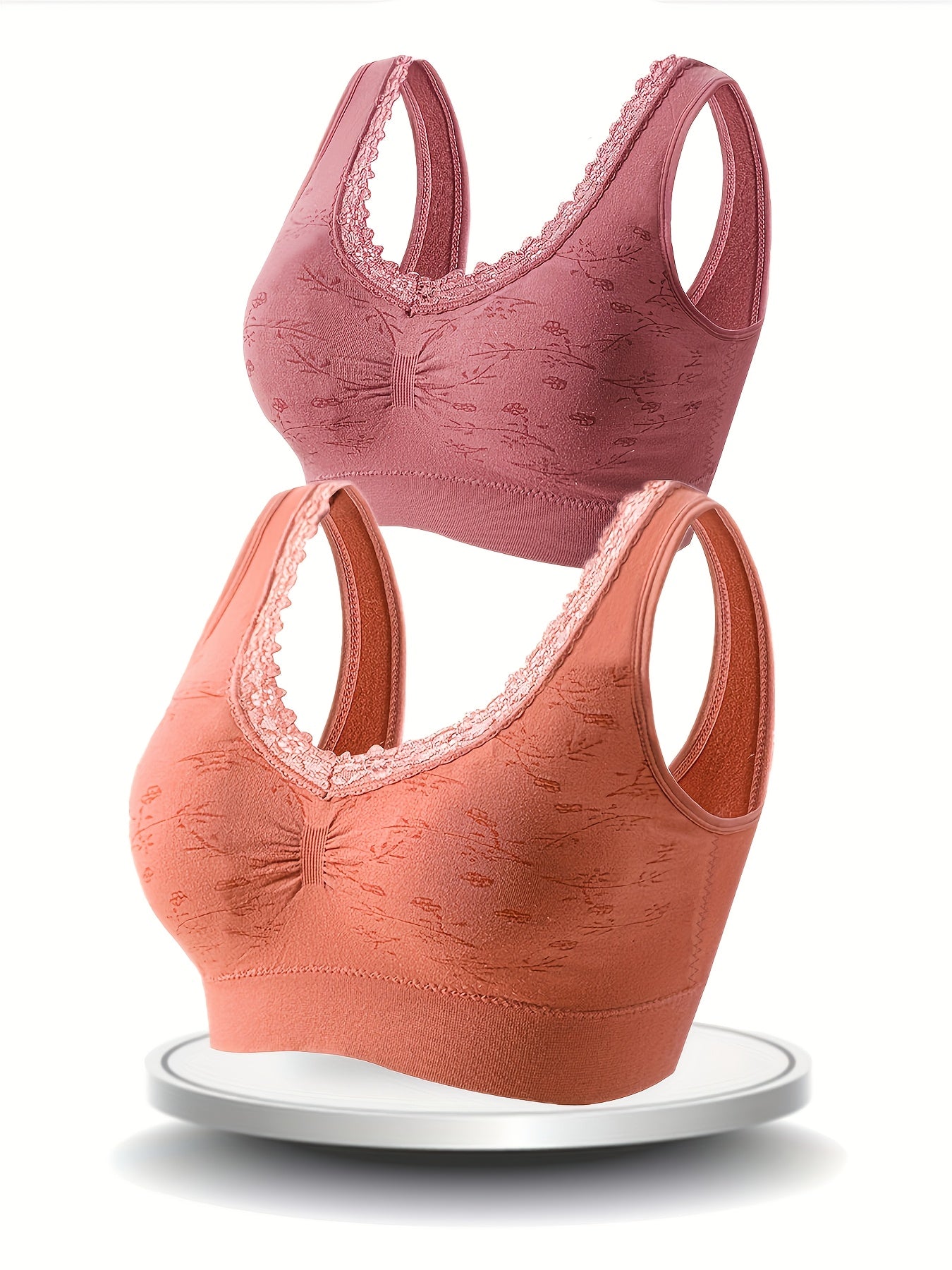 2pcs Wireless Bras Floral Print Full Coverage Lace Trim Women's Lingerie