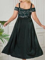 Plus Size Solid Contrast Lace Cold Shoulder Pleated Dress