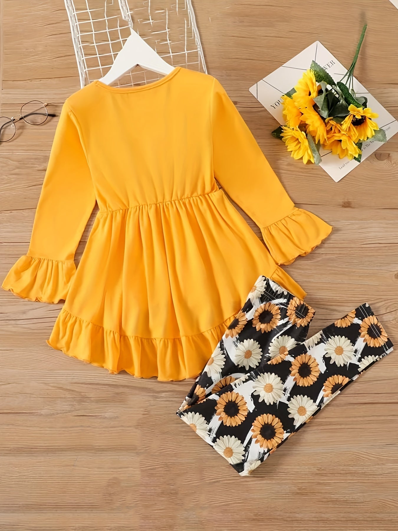Leopard Pattern Ruffled Dress & Leggings Set for Girls