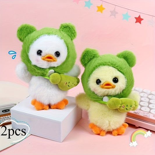 2pcs Plush Duckling Keychains Soft Stuffed Toys Green Hoods Orange Feet Beaks