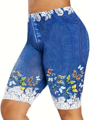 Floral & Denim Print Casual Leggings for Women