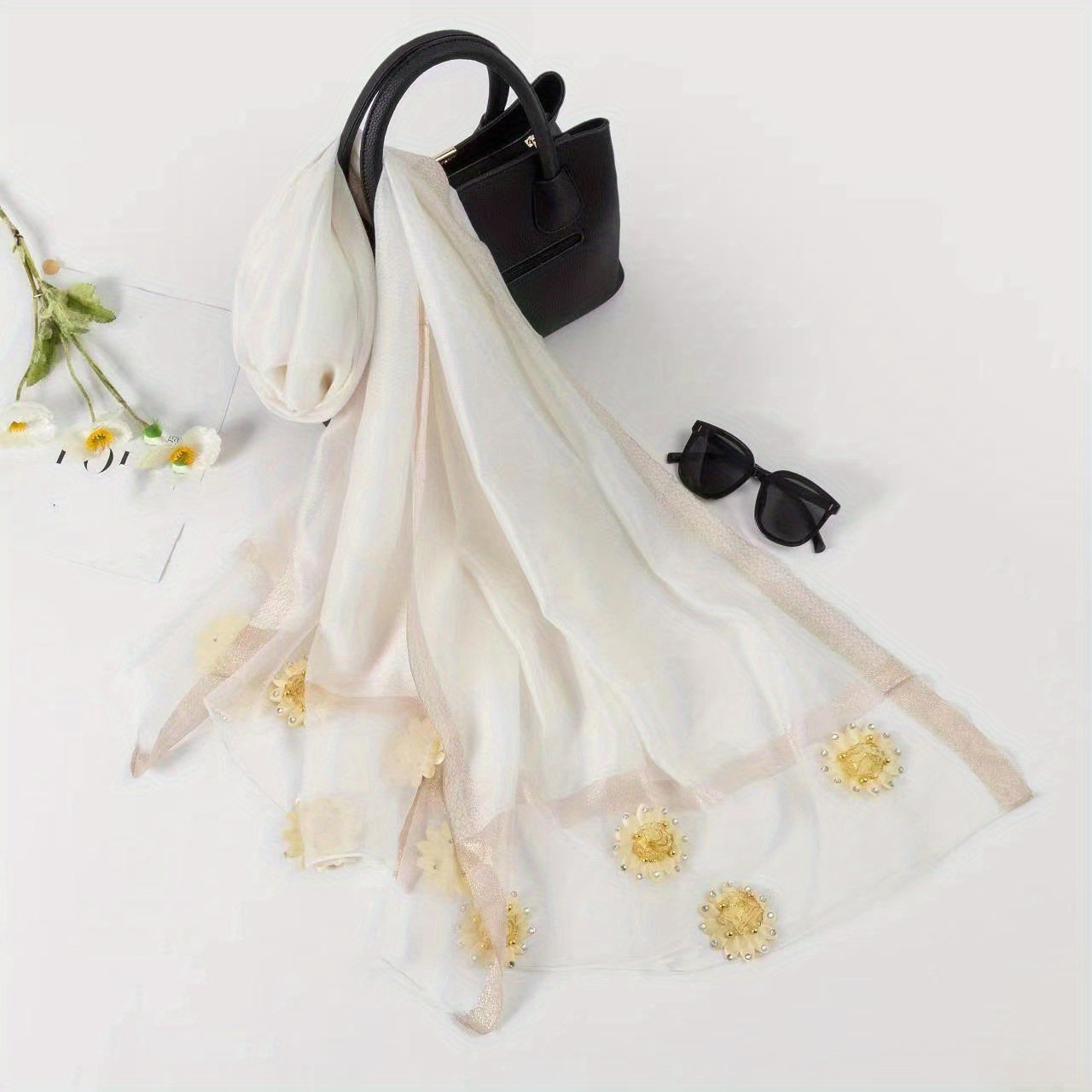 Beaded Sunflower Shawl Lightweight Yarn Scarf Solid Sunscreen Shawl