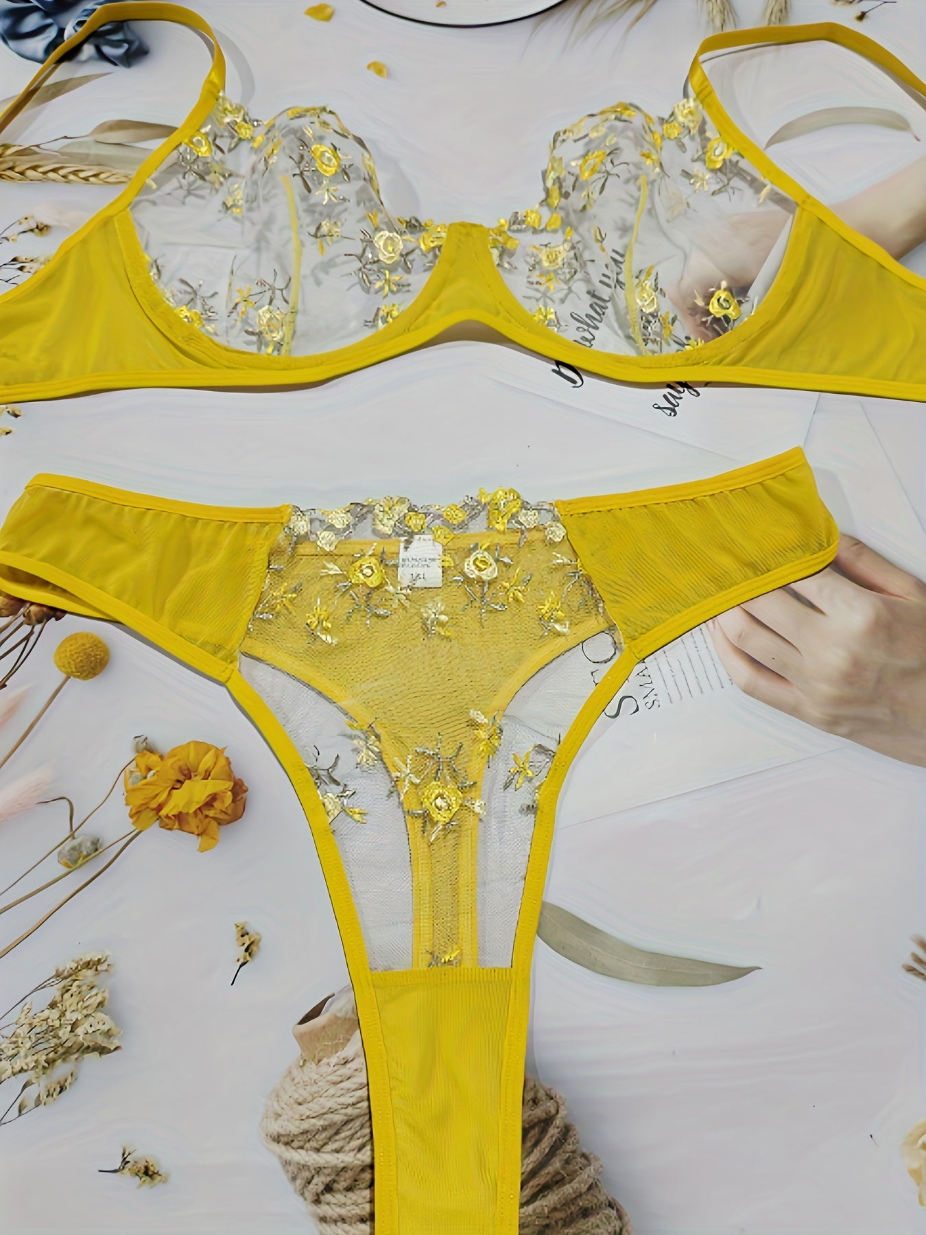  Floral Embroidered Mesh Bra & Panty Lingerie Set