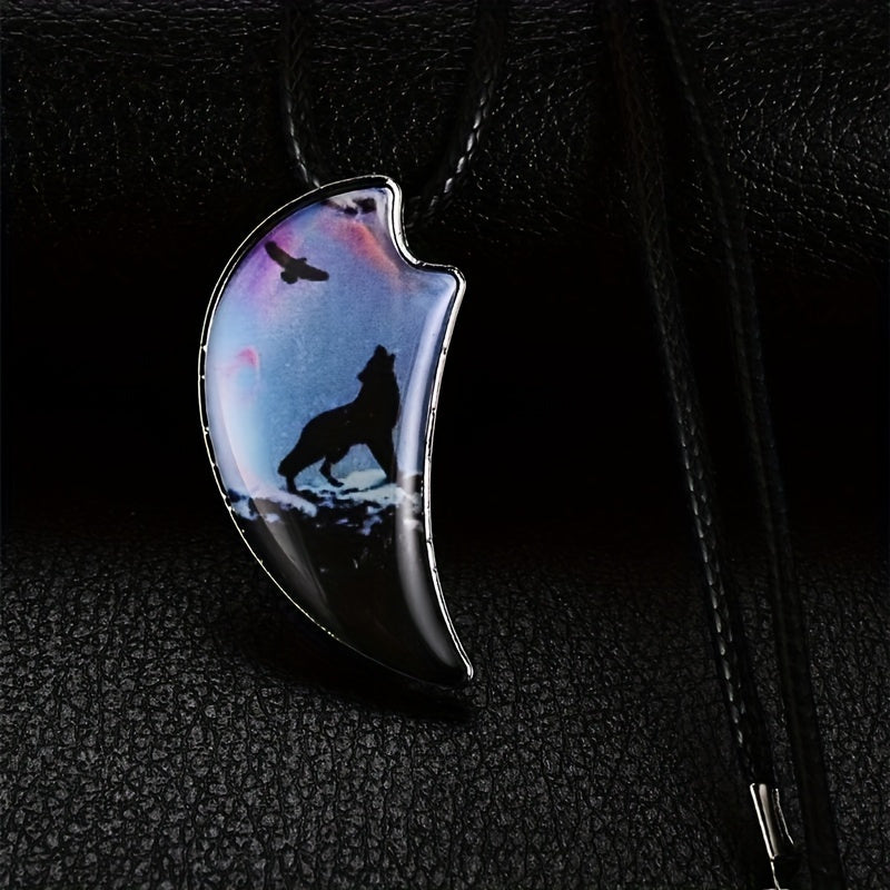 Wolf Resin Landscape Wood Pendant Animal Necklace for Men
