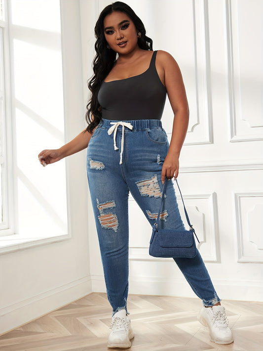  Ripped Tie Elastic Waist High Stretch Skinny Denim Pants