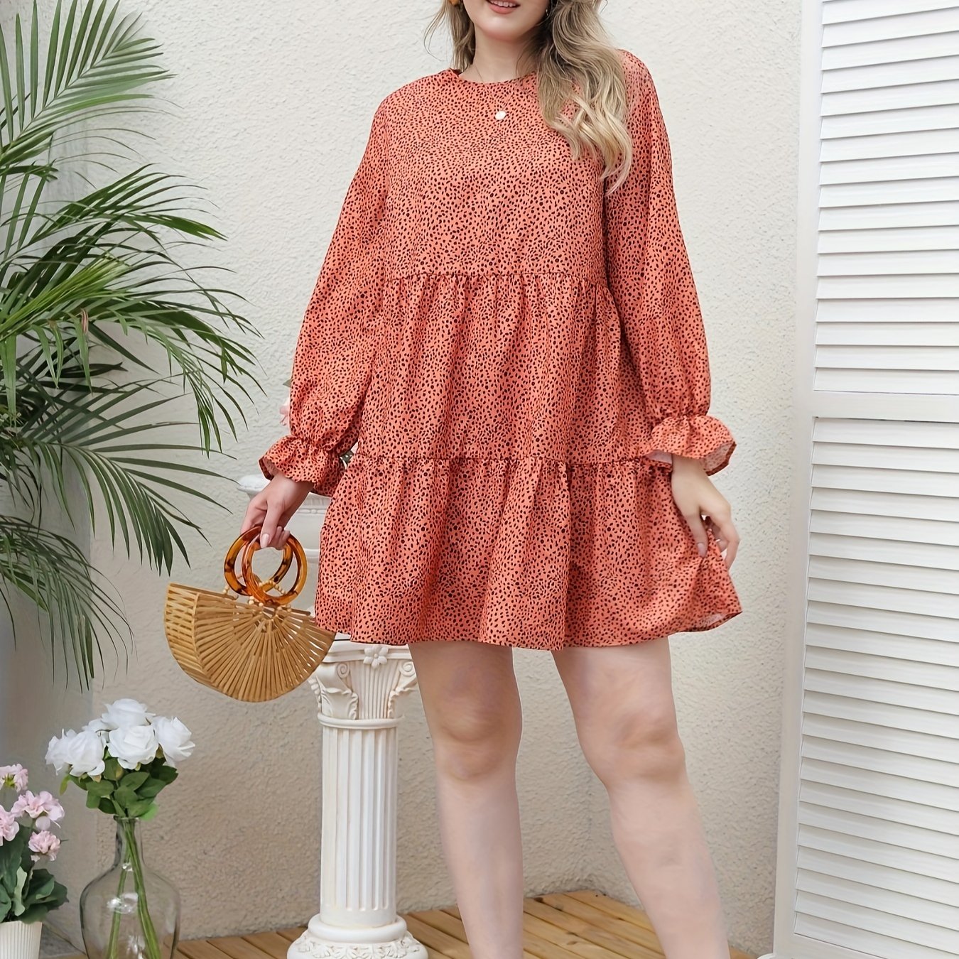 Leopard Print Flounce Sleeve Round Neck Smock Mini Dress