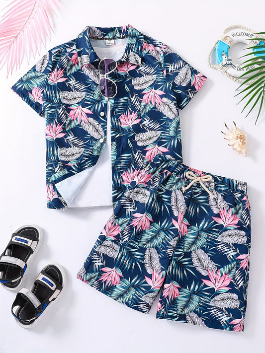 Boys Hawaiian Shirt & Shorts Set Tropical Plant Print Vacation Beach Wear