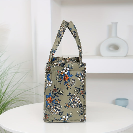 Nylon Cloth Flower Print Large Capacity Lunch Box Bag