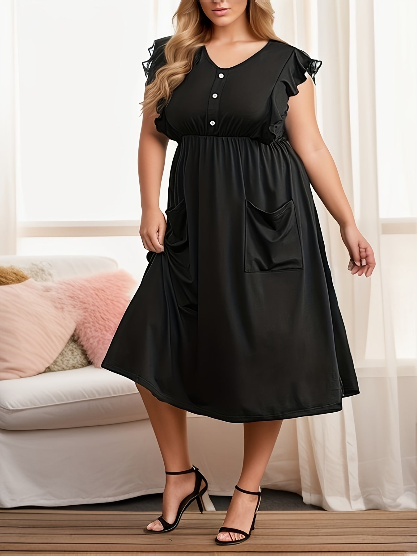  Ruffle Sleeve V Neck Nightdress With Pockets