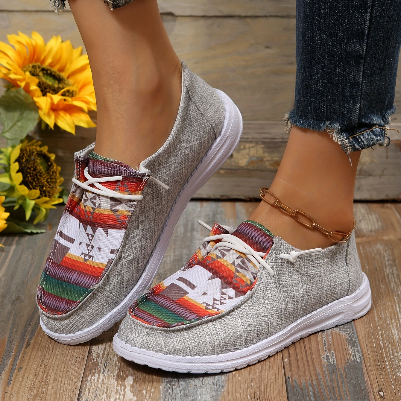 Geometric Print Canvas Low Top Lace Up Flat Casual Shoes