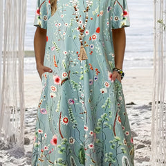Floral Print Short Sleeve Plus Dress with Pockets