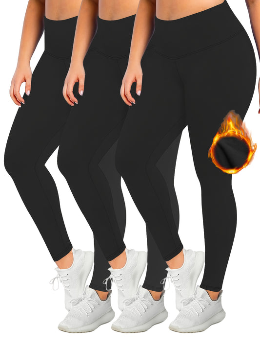 3 Pack Plus Size Casual Leggings Set Women's Plus Solid Liner Fleece