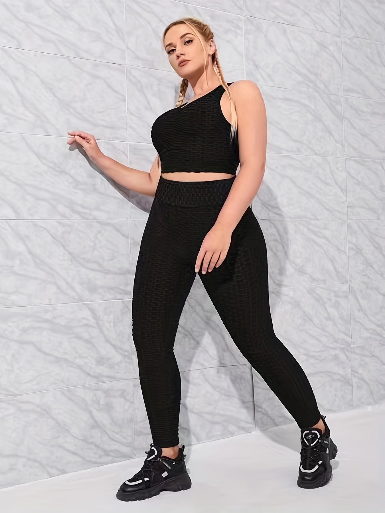  Plain Honeycomb Pattern Tank Crop Top & Leggings Sports Outfit Set