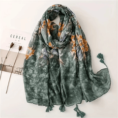 Dark Green Slub Scarf Hemp Feel Yarn Tassel Sunscreen Shawl