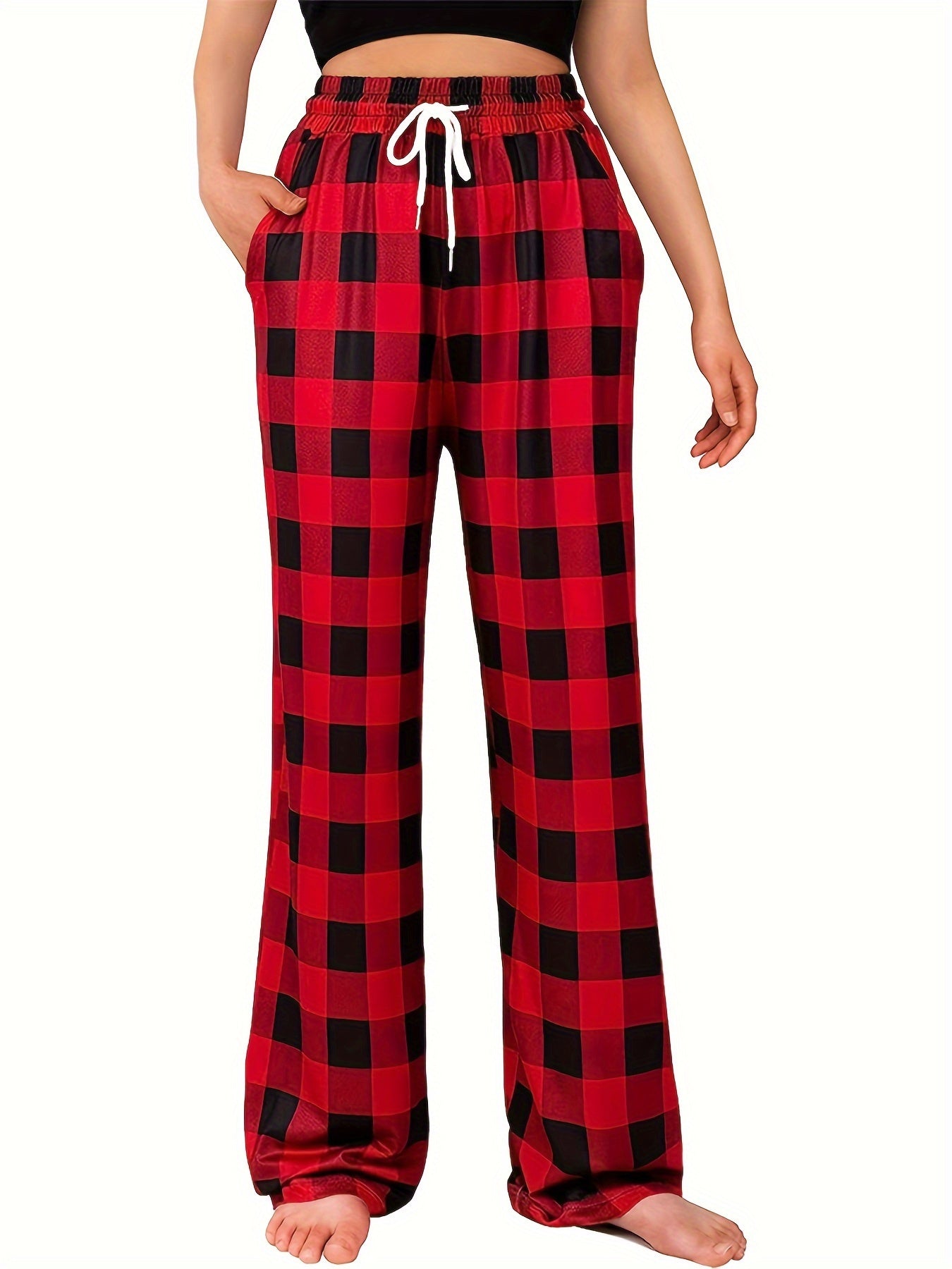  Plaid Print Drawstring Casual Pants with Pockets