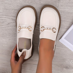 Women's Pearl Loafers Preppy Style Leather Shoes