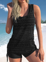 Solid Hollow Out Tankini Sets V Neck Tie Side Boxer Short Swimsuit
