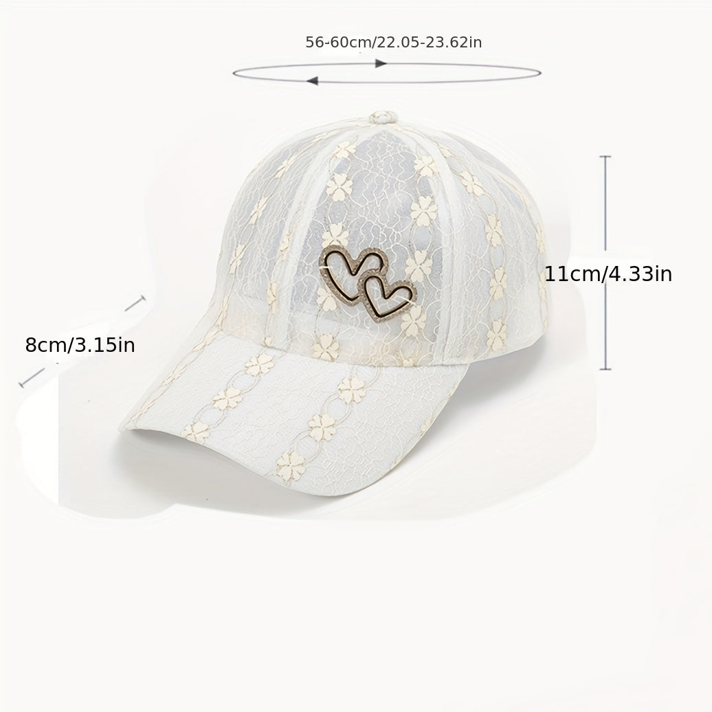Lace Floral Embroidered Baseball Cap Heart Label Mesh Overlay Breathable Sun Hat
