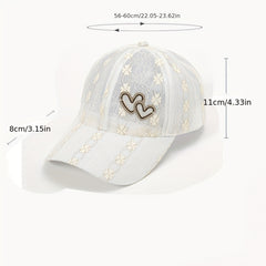 Lace Floral Embroidered Baseball Cap Heart Label Mesh Overlay Breathable Sun Hat