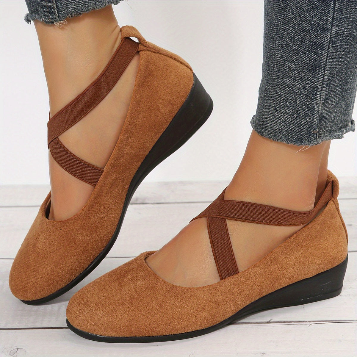 Women's Cross Strap Wedge Heels Slip On Shoes Round Toe