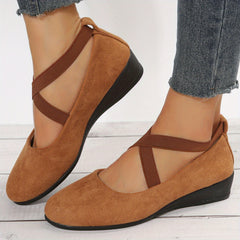 Women's Cross Strap Wedge Heels Slip On Shoes Round Toe